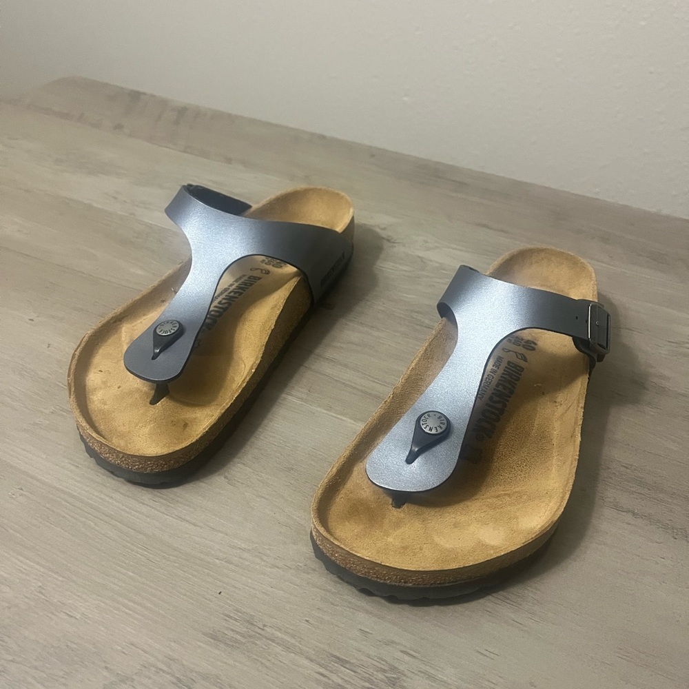 Birkenstock Gizeh Sandals in Silver and Tan